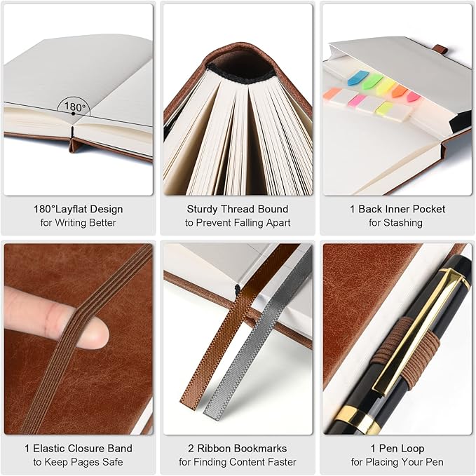 Lined Journal Notebook, Large A5 Hardcover Leather Journal, 312 Numbered Pages Work Notebook, 100gsm Thick Paper, College Ruled Notebook for Women Men School Office, 5.75" x 8.38", Brown