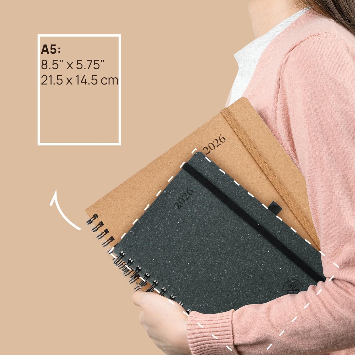 POPRUN 2026 Daily Planner One Page A Day - [5.75" x 8.5"-100% Recycled Materials Spiral Soft Cover] - 2026 Agenda with Monthly Calendar, Folded Inner Pocket - Black Grey