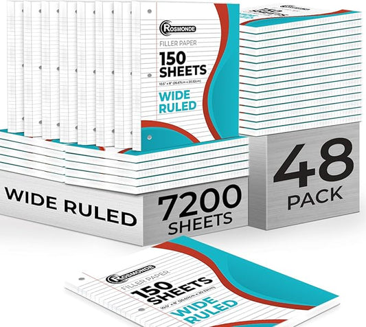 Loose Leaf Paper Bulk, 7200 Sheets, Wide Ruled, 8 x 10.5", Filler Papers for Office, 56 Gsm Thick Sheets, 3 Hole Punched for Binders, 48 Pack, 150 Sheets/Pack, Bulk Notebook Paper, White