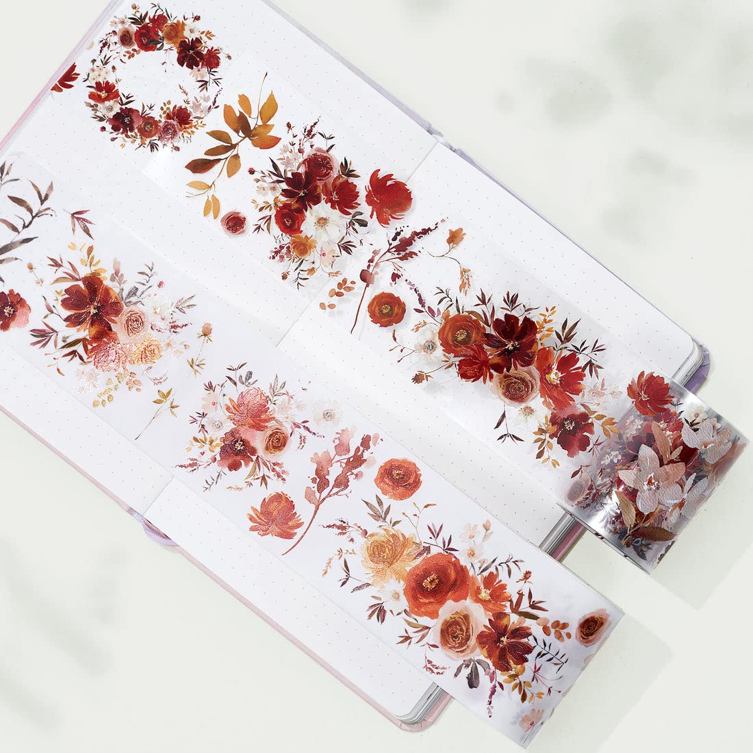 WT Copper Wide PET Tape, Single Roll, Original Designs, Floral Decorative Tape, Transparent Craft Tape for Bujo Planner & DIY Supplies, Watercolor Flowers