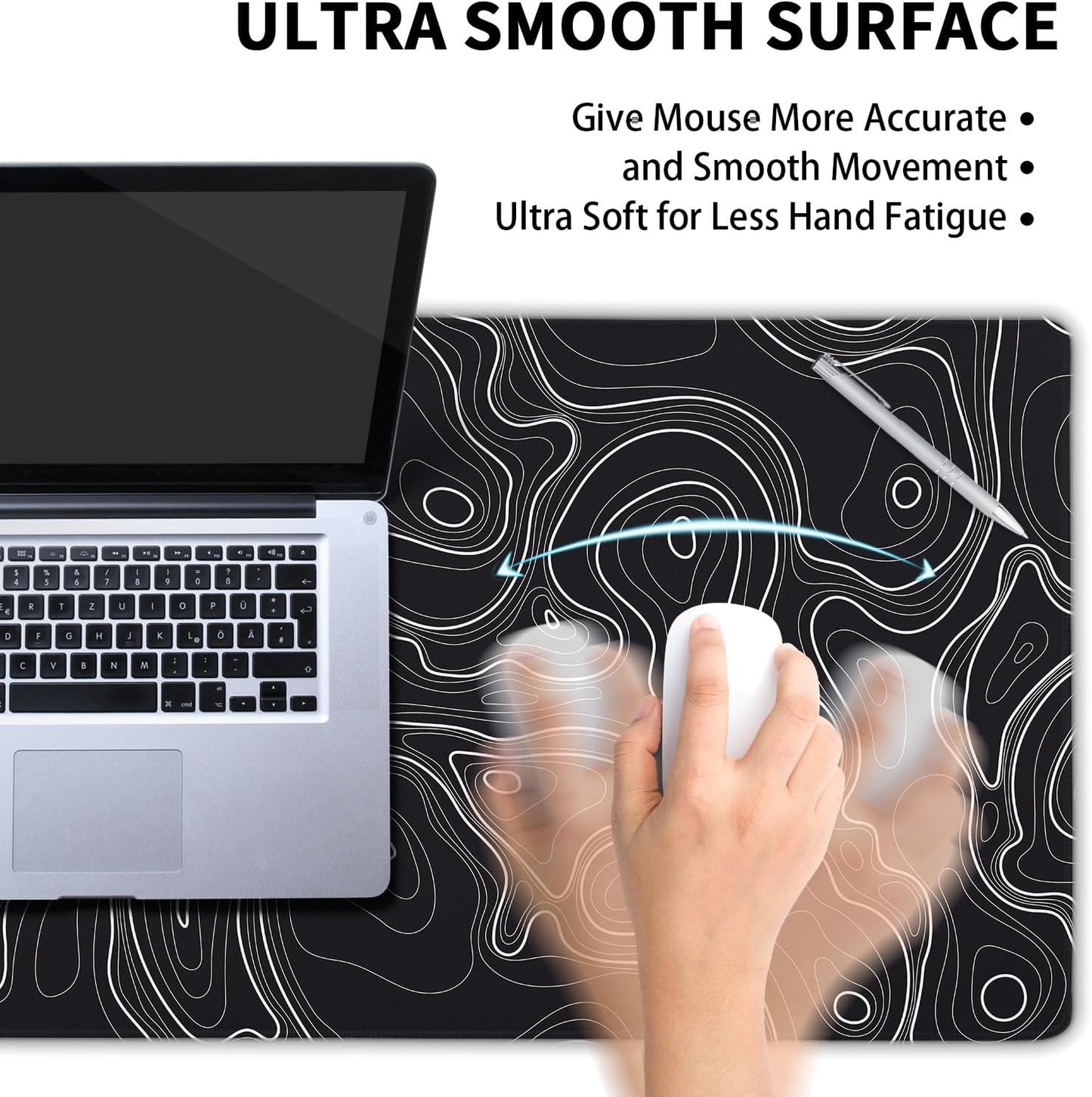 Topographic Map Black Gaming Mouse Pad XL Minimalist Topo Geographic White Lines Extended Large Mat Mousepad Desk Pad Non-Slip Rubber Base Stitched Edge Long Keyboard Pad for Computer,31.5×11.8 in