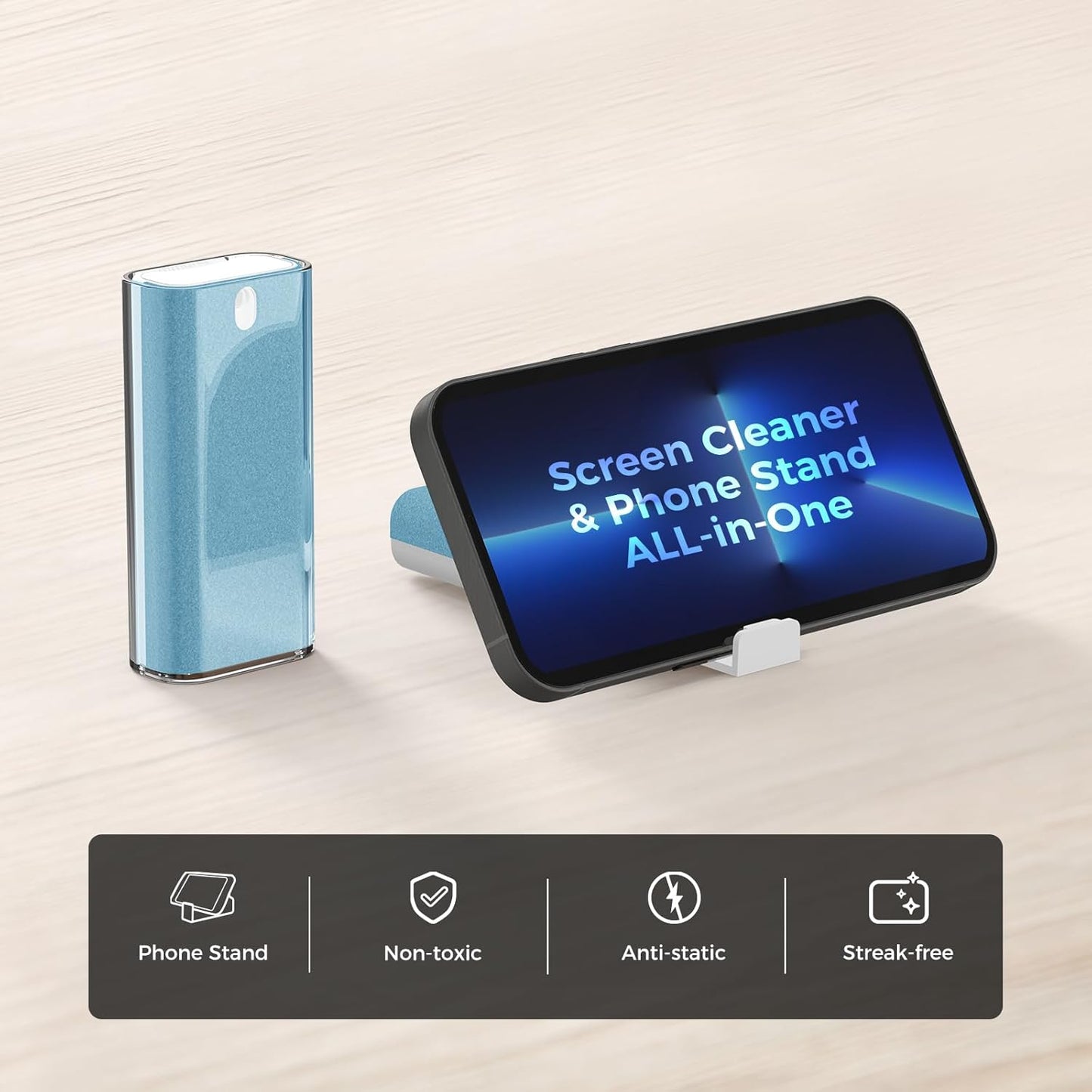 CLICK CLEAN Touchscreen Mist Cleaner, Screen Cleaner, All in One Screen Cleaner Spray with Microfiber and Phone Stand for All Phones, Laptop and Tablet Screens (Light Blue)