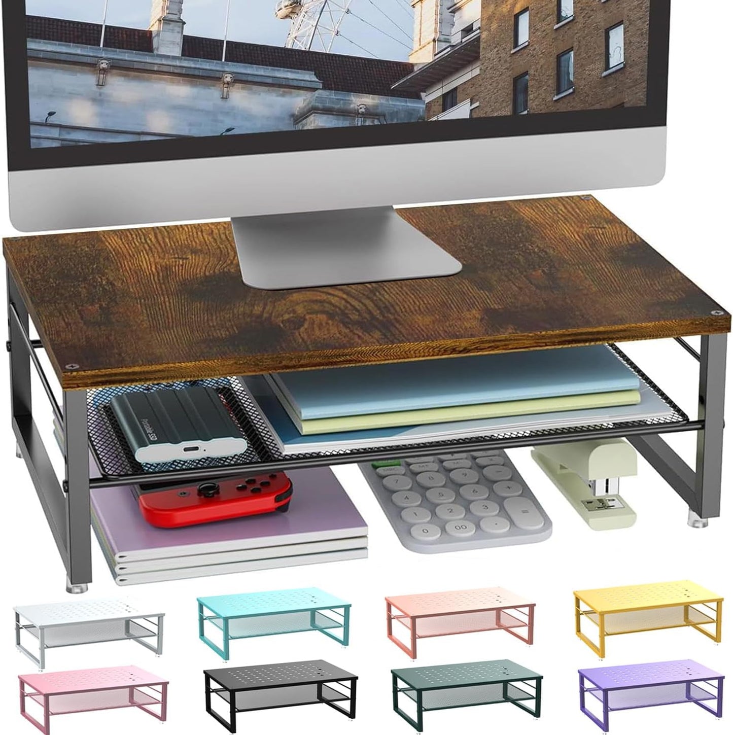 gianotter 2-Tier Metal Monitor Stand Riser, Desk Organizer for Monitor, Office Desk Storage Organizer for Office Supplies (Wood)