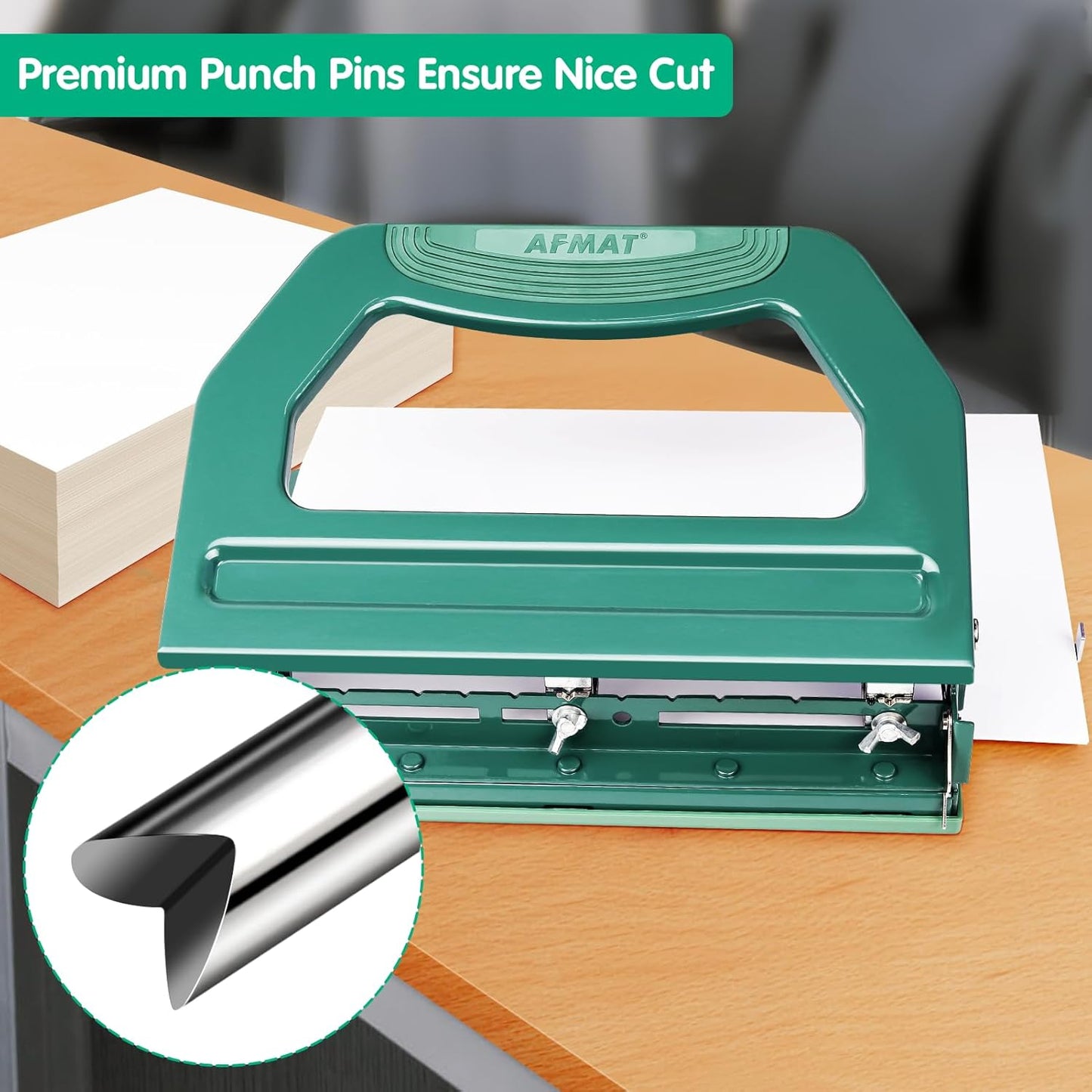 AFMAT Heavy Duty 3 Hole Punch, 50-Sheet, 50% Reduced Effort, Adjustable Two & Three Hole Punch, Metal Paper Puncher w/Large Chip Tray, Metal Paper Guide, Green
