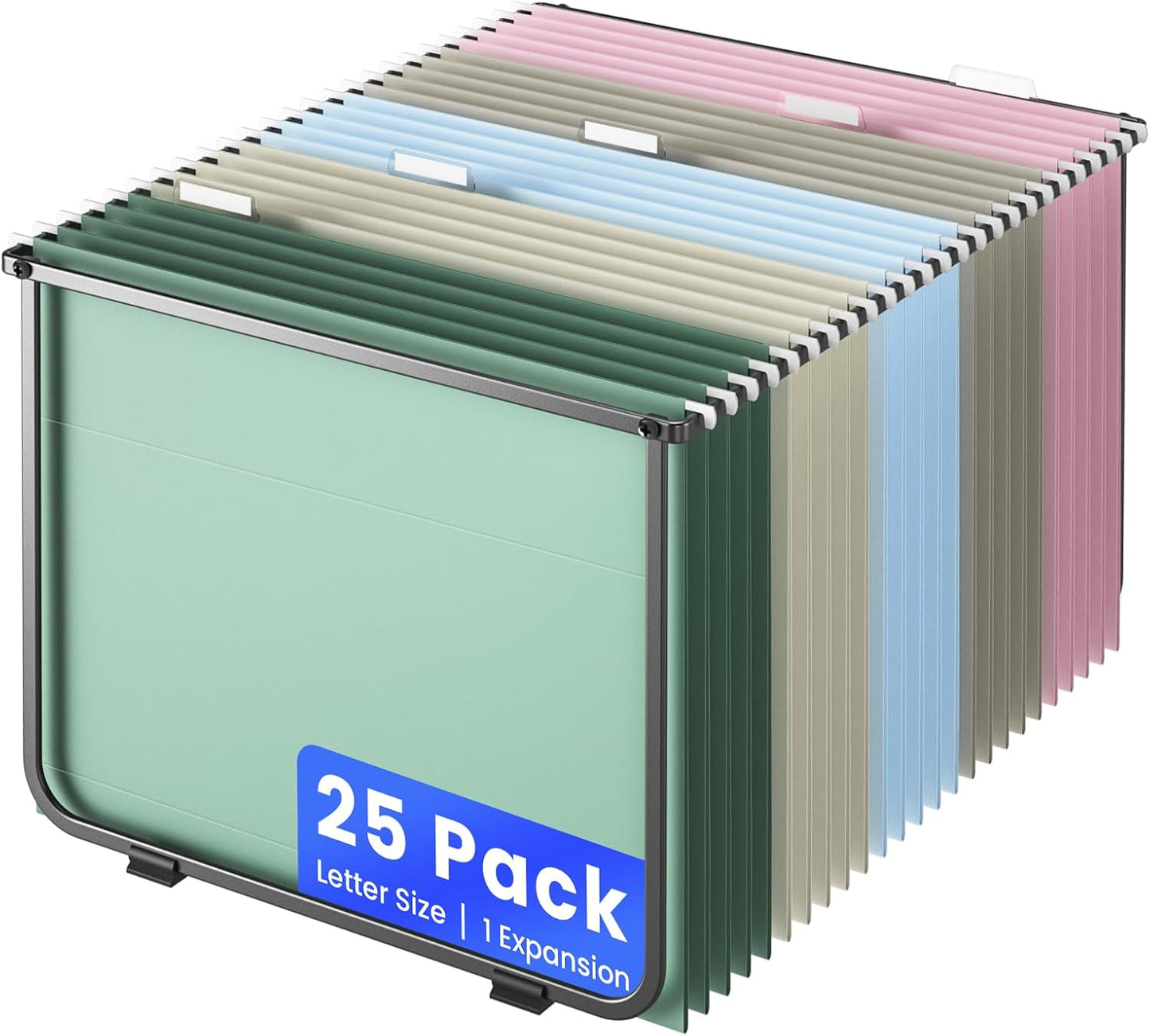 Hanging File Folders Letter Size, 25 Pack File Organizer Folders,1/5-Cut Tabs with Hanging File Folder Frame, Heavy Duty 1 Inch Expansion, Stay Organized for Your Home and Office Bulk File.
