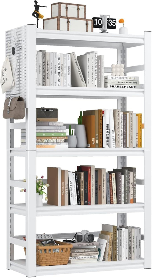 Bookshelves and Bookcases, 5 Tier Metal Bookshelf, 63" Tall Bookcase, Adjustable White Book Shelf, Heavy Duty Storage Shelves for Bedroom, Living Room, Home Office, School, Bathroom and Kitchen