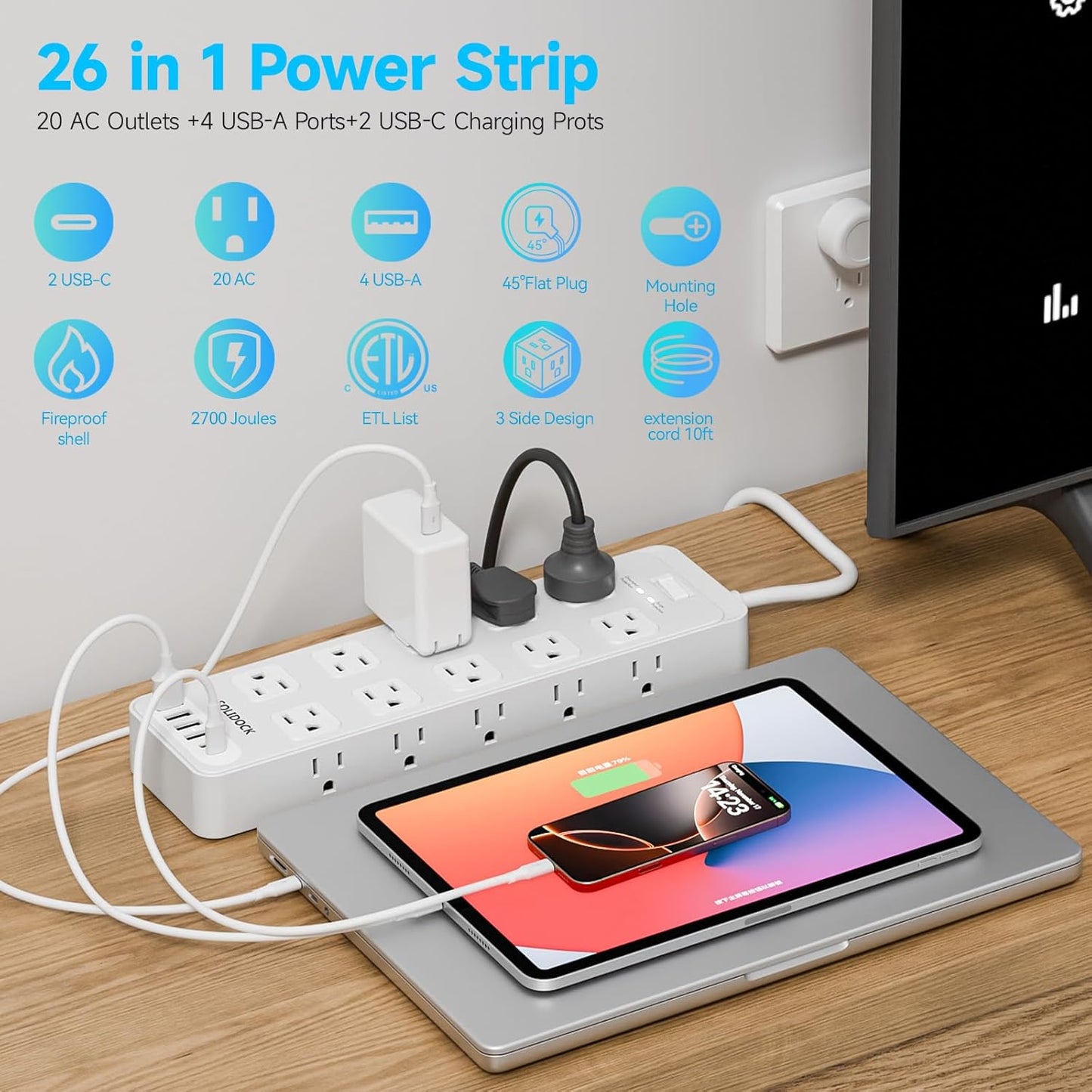 Flat Plug Power Strip Surge Protector with 20 AC Outlets 6 USB Chagring Ports, 1875W/15A, 2700J, Heavy Duty Extension Cord 6 Ft for Home, Office, Dorm, Gaming,ETL Listed (White, 6FT)