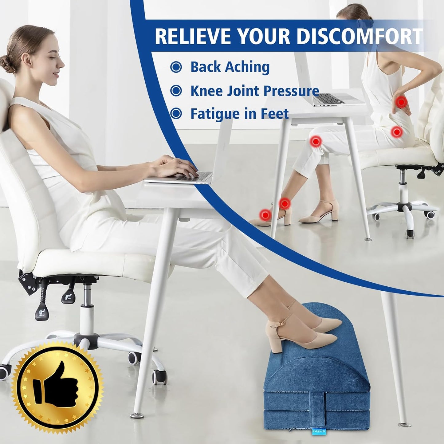 KAYFIA Foot Rest for Under Desk at Work XXL(20in) with 3 Adjustable Heights，Foot Stool with Supportive Gel Foam, Warmer Feet Pocket Footrest for Office Gaming Chair, for Leg Support -Blue