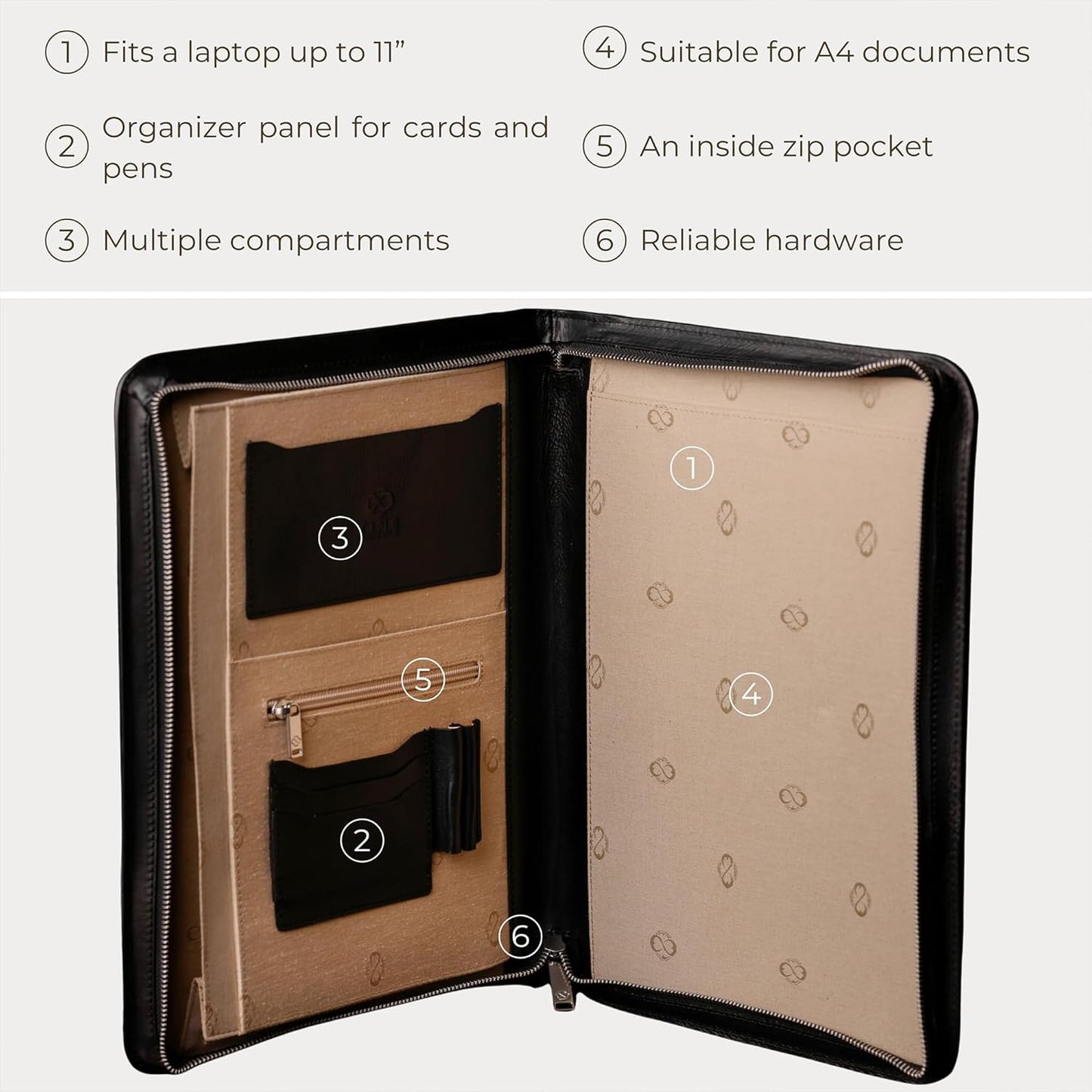 Time Resistance Leather Portfolio - A4 Document Folder - Italian Handcrafted Padfolio Organizer (Black) - Gift Box Included