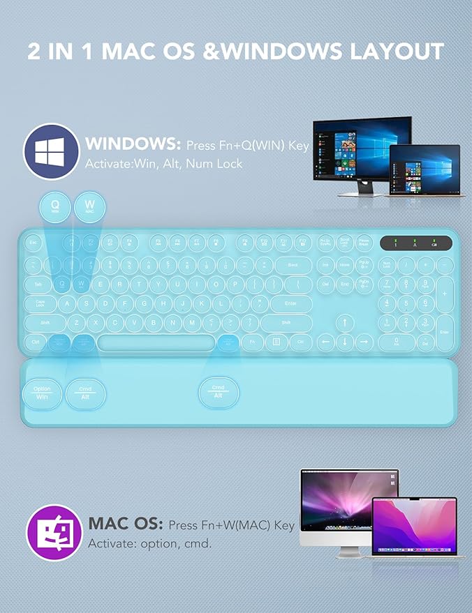 Wireless Keyboard and Mouse Backlit - Typewriter Keyboard with Retro Round Keycaps, Detachable Wrist Rest, Light Up Letters, 2.4G Rechargeable Combo for Mac, Windows, PC, Laptop, Trueque (Aqua Blue)