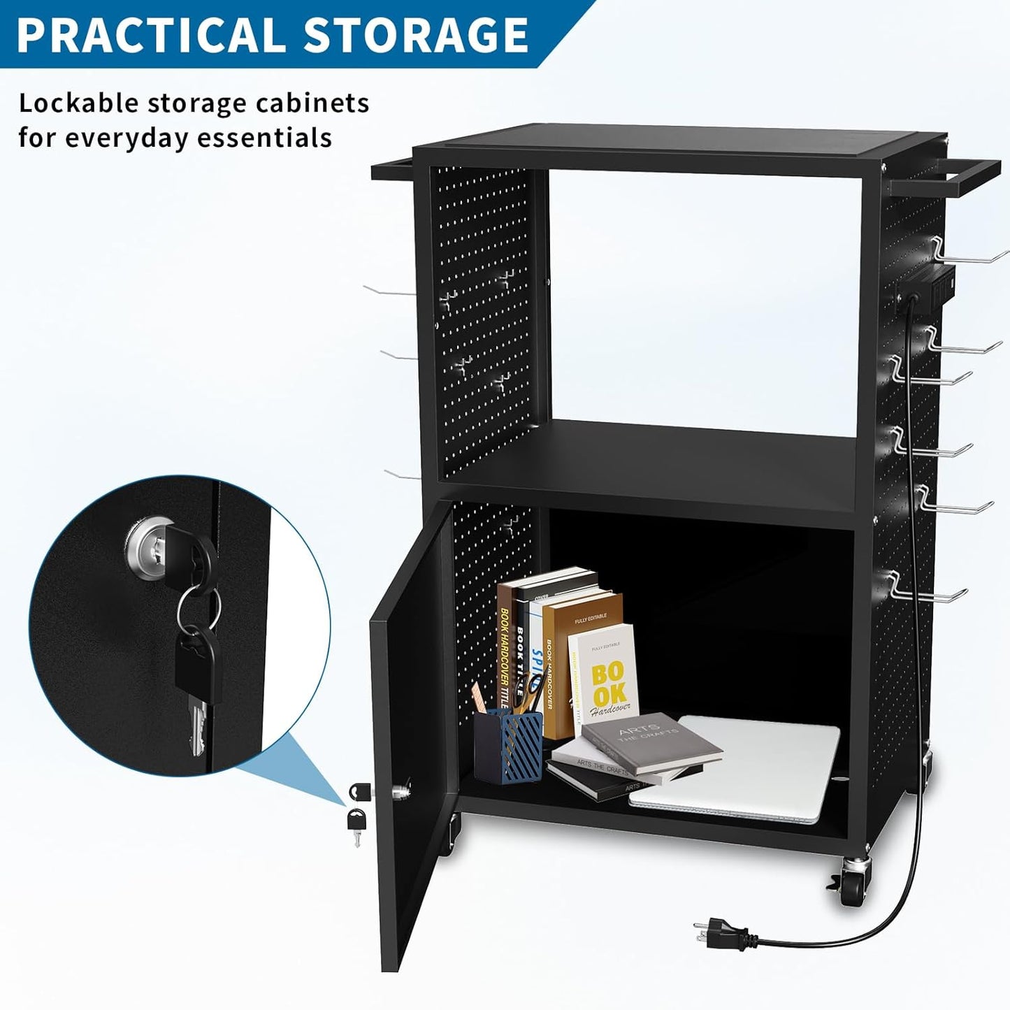 AV Presentation Media Cart Stand Up Desk with Storage Cabinet for Printer, Projector, Computers, TV, Rolling Storage Cart with Adjustable Shelves, Outlet and Cord for School Office Shop