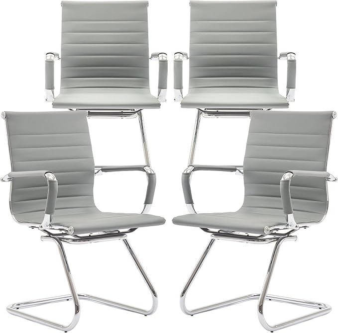 Office Desk Chair No Wheels Set of 4 PU Leather Computer Chairs Mid Back Guest Chairs for School Reception Conference Waiting Room, Grey