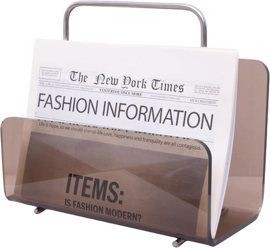 Magazine Holder, Brown Clear Acrylic with Stainless Steel Handle, Tabletop Display Stand
