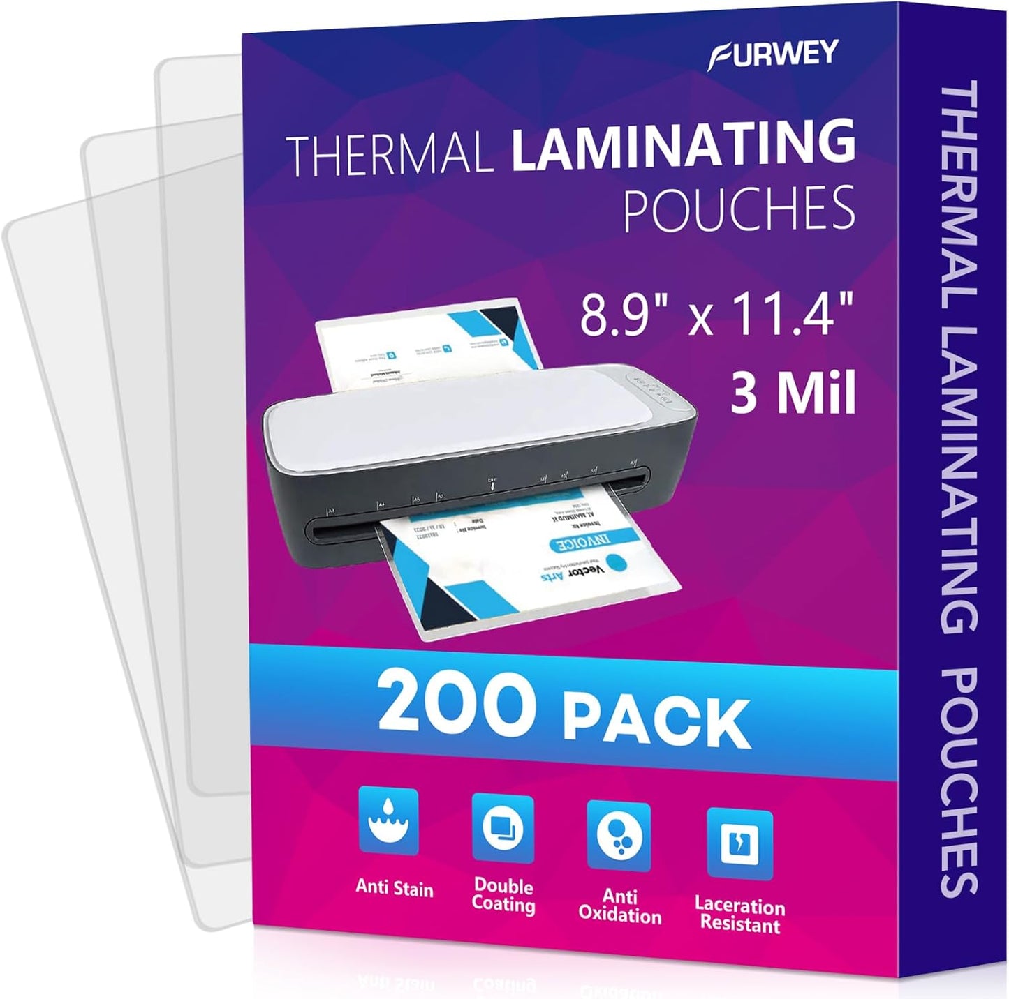 200 Pack Laminating Sheets, 3 mil, 8.9" x 11.4" Thermal Laminating Pouches Lamination Sheet Paper for Laminator, Clear, Letter Size, Office and School Supplies