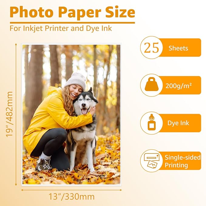 ZBEIVAN 13x19 Photo Paper, Glossy Photo Papers 25 Sheets, 13 x 19 Inkjet Printer Photo Paper for Dye Ink, 200 GSM