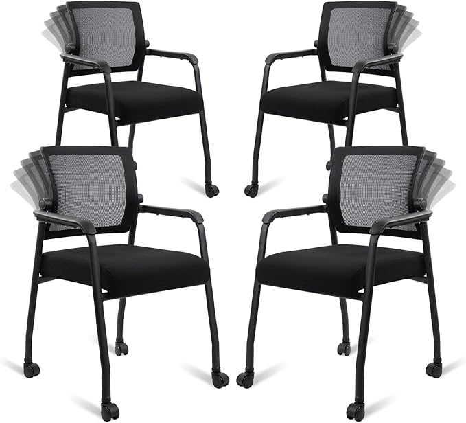 Waiting Room Chairs with Wheels, Adjustable Mesh Backrest, Desk Chair with Ergonomic Lumbar Support and Thickened Seats Cushion, 4 Pack Black