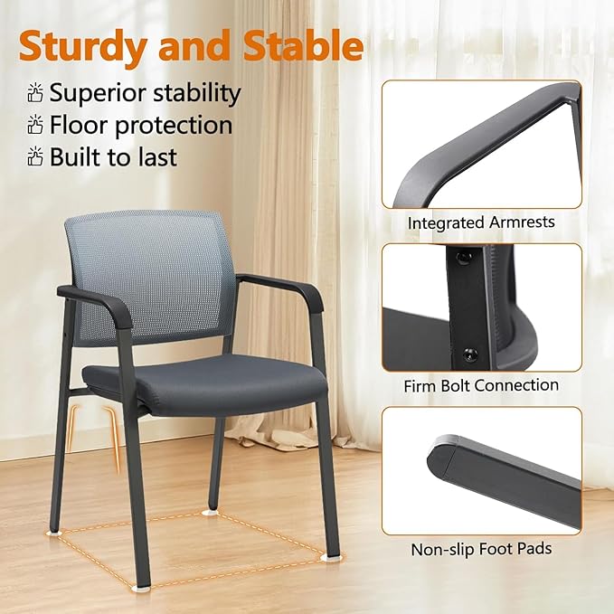 CLATINA Mesh Back Stacking Arm Chairs with Upholstered Fabric Seat and Ergonomic Lumbar Support for Office School Church Guest Reception Grey (Gray-8 Pack)