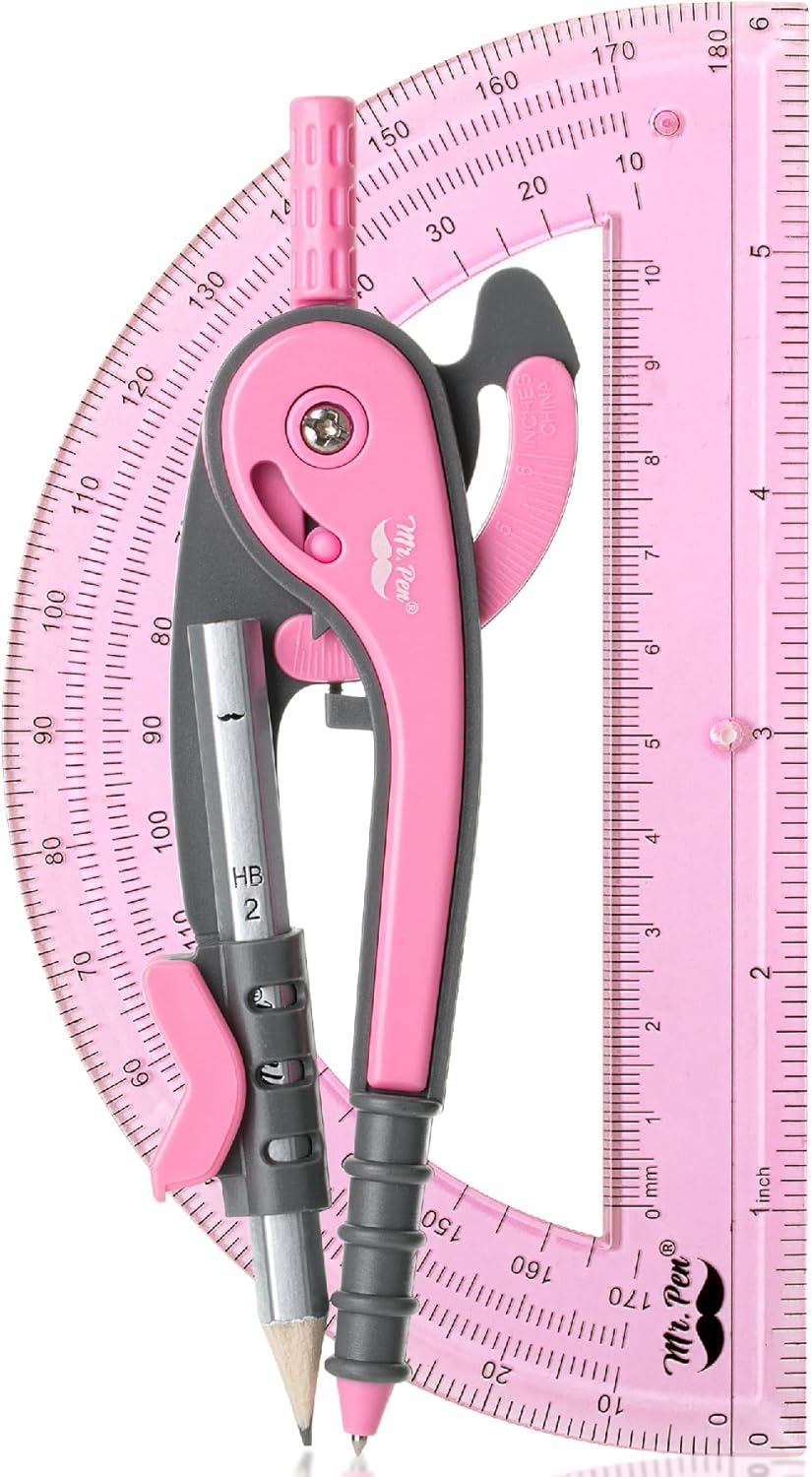 Mr. Pen- Compass and Protractor Set, Rogue Pink, Compass Geometry Tool, Protractor and Compass Set, Compass Drawing Tool, Drawing Compass, Geometry Compass, Back to School Supplies