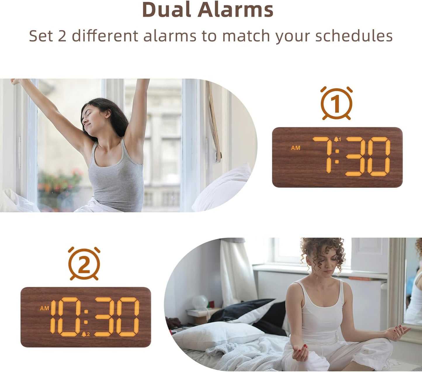 uscce Wooden Digital Alarm Clocks for Bedrooms: Dimmable Dual Alarm Clock with Large Numbers for Bedside Desk - Loud Alarm for Heavy Sleepers with Volume Control - Wood Decor & Gifts