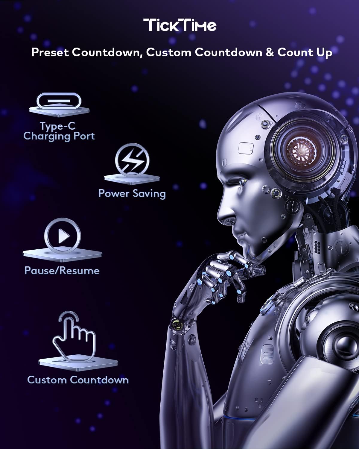 Ticktime Pomodoro Timer Cube, Hexagon Productivity Timer, Pause & Resume, Silent, Vibrate & Adjustable Sound Alert, for ADHD, Task, Work, Study, 5/15/25/30/45/60min & Custom Countdown, Purple