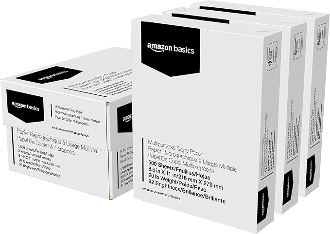 Amazon Basics Multipurpose Copy Printer Paper, 20 lb, 8.5 x 11 Inches, 3 Reams (1,500 Sheets), 92 Bright, White