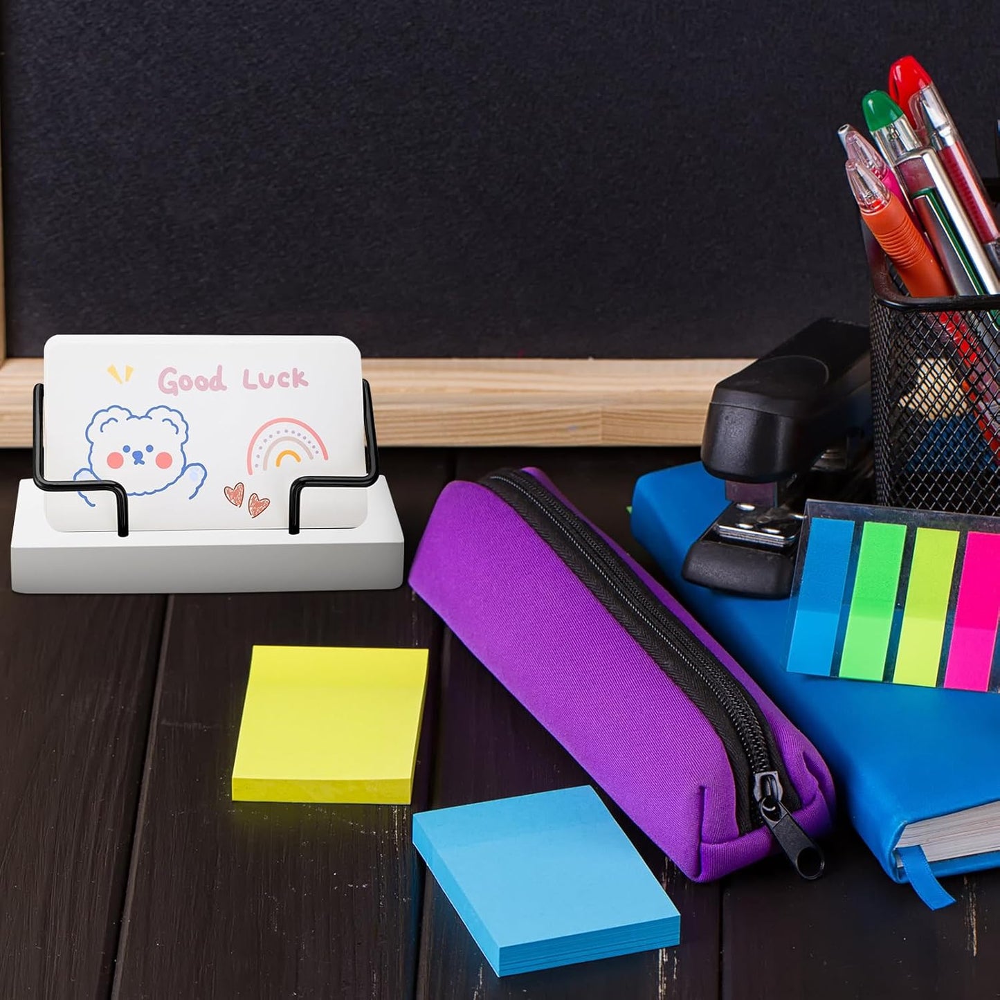 Amyhill 2 Pieces Wood Business Card Holder for Desk Wooden Business Card Display Stand Postcard Holder for Office Home Desktop (White, Black)