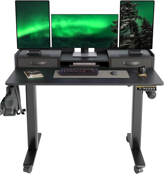 YDN Standing Desk with Drawers, 48 Inch Standing Desk Adjustable Height, Adjustable Electric Stand Up Sit Stand Small with Storage and Shelf, Black