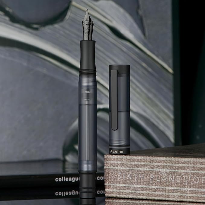 Asvine V200 Titanium Fountain Pen Vacuum Filling, Matte Black Bock Broad Nib Transparent Acrylic Smooth Writing Pen Case Set