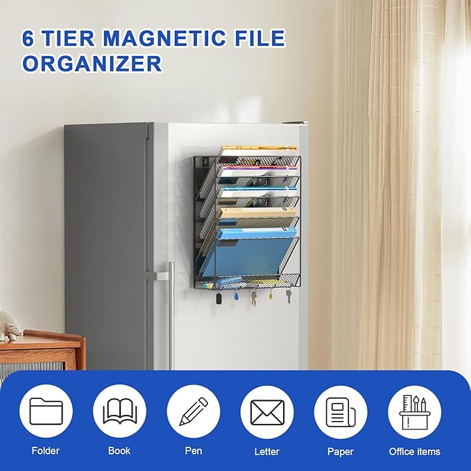 samstar Magnetic Wall File Holder, 6-Tier Hanging Wall File Organizer Wall Mount Paper File Folder Mail Organizer for Office/School, Magnetic