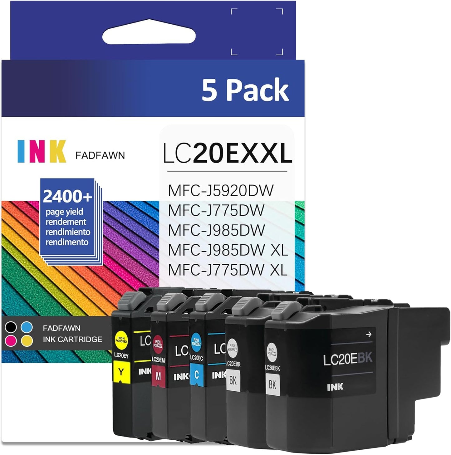 LC20E Super High Yield Ink Cartridge Set Replacement for Brother LC20EBK LC20EC LC20EM LC20EY LC20E XXL Ink Cartridges MFC-J5920DW MFC-J985DW MFC-J775DW MFC-J985DWXL Printer (2BK/C/M/Y, 5 Pack)
