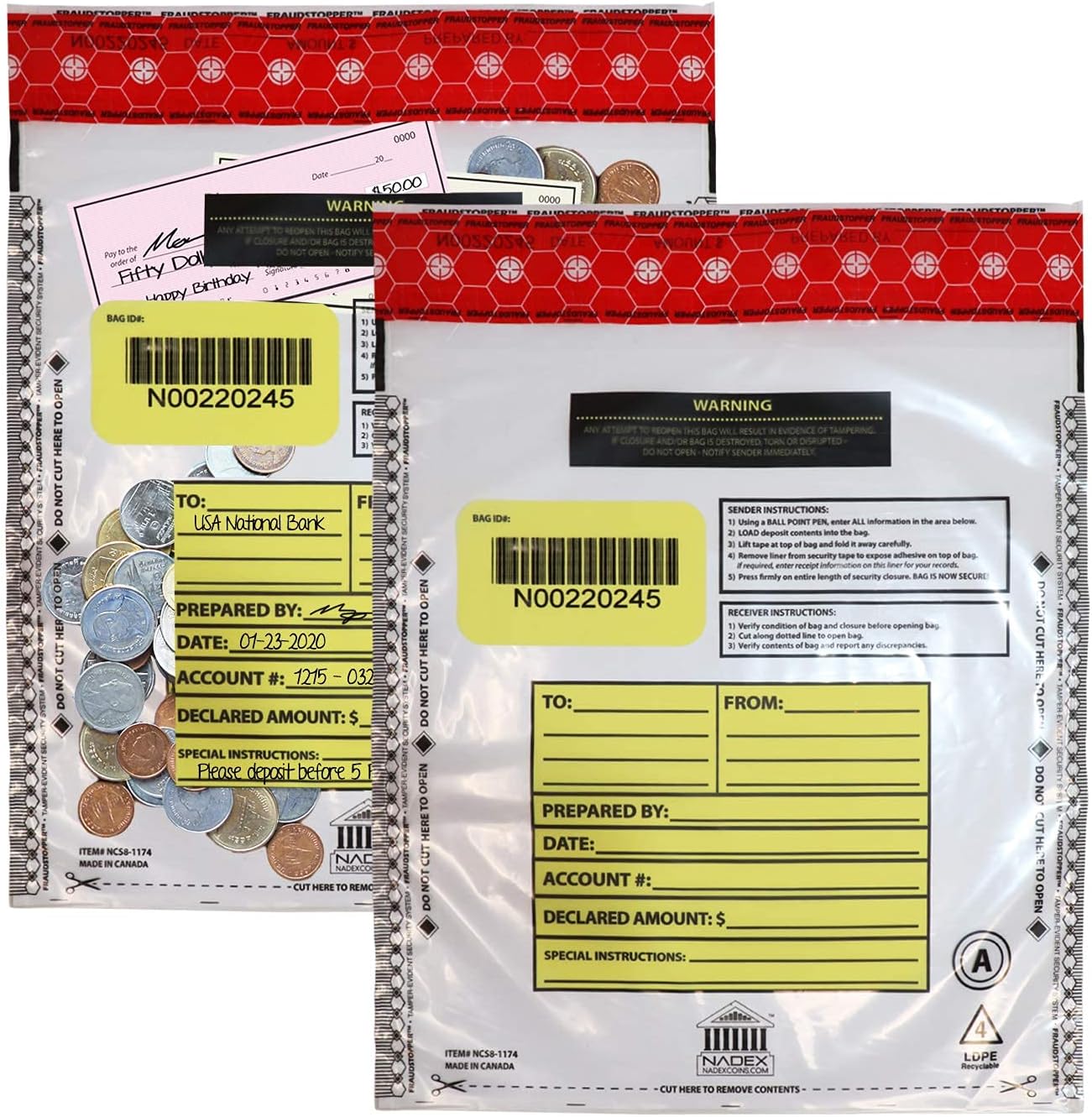 Nadex 9 x 12 Inch Tamper Evident Bank Deposit Bags with FRAUDSTOPPER - 4 Tamper Indicator Security, 100 Pack (Clear)