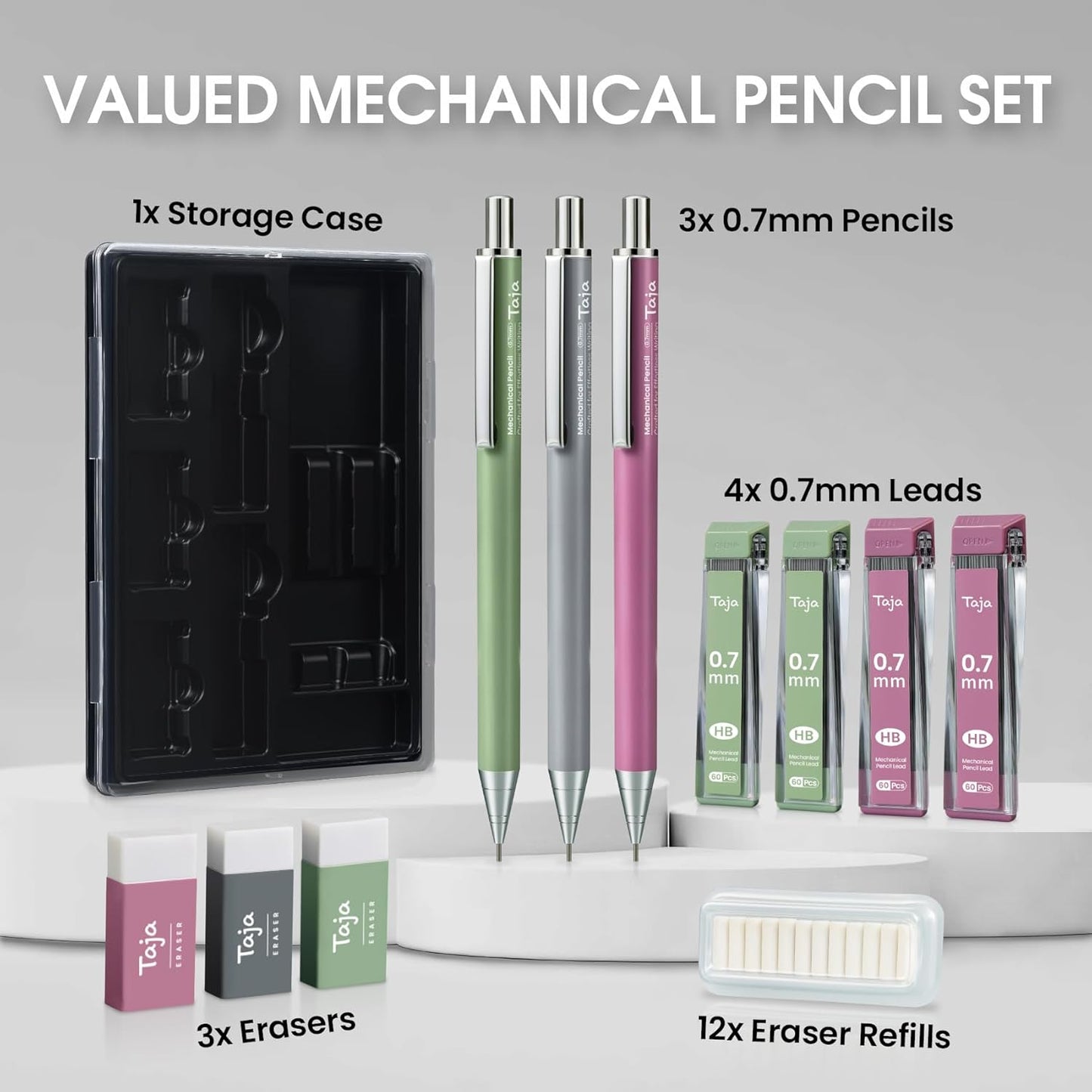 Aesthetic 0.7mm Mechanical Pencil Set with Case – 3 Vintage Mechanical Pencils, 4 Tubes HB #2 Lead Refills, 3 Erasers & 12 Eraser Refills, Cute Pencil Kit for Back to School Stationery Supplies