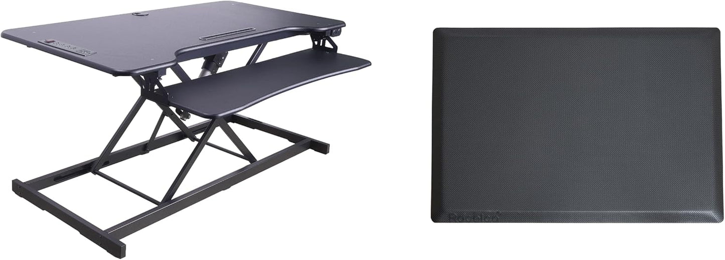 Rocelco 46" Electric Standing Desk Converter with AC Outlet USB Charger and Anti-Fatigue Floor Mat - Motorized Adjustable Sit Stand Riser - Tabletop Workstation Keyboard Tray - Black (R EDRB-46-MAFM)