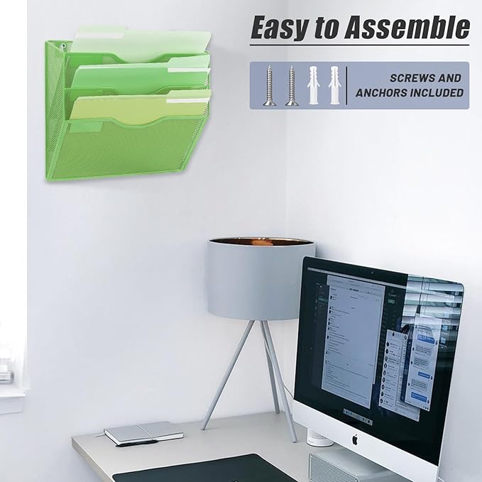 EASEPRES 3 Pocket Mesh Hanging Wall File Organizer, Wall Mounted Mail Paper Document Folder Holder, Clipboard Storage Organization Magazine Rack with Nametag Label for Office Home School, Green