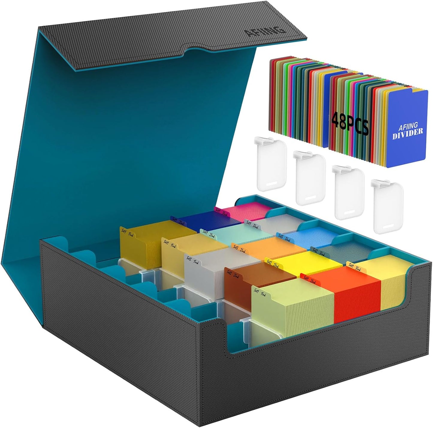 AFIING 4-Row Trading Card Storage Box – Holds 3200+ Cards, 48 Dividers & 4 Stoppers, Card Deck Box for MTG TCG Sports Cards – Includes 1 Dice Bag(Black Cyan)