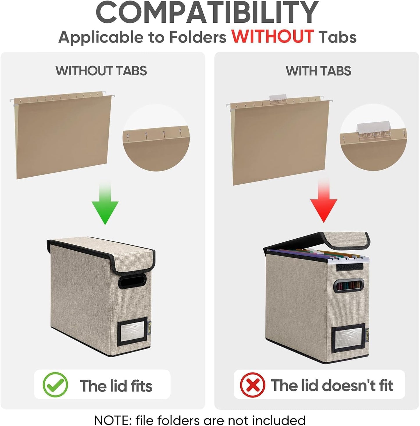 BALEINE File Organizer Box with Lid, Collapsible File Folder Organizer with Plastic Slide, Hanging File Folder Box for Office Document Storage (2 Pack, Beige, S)