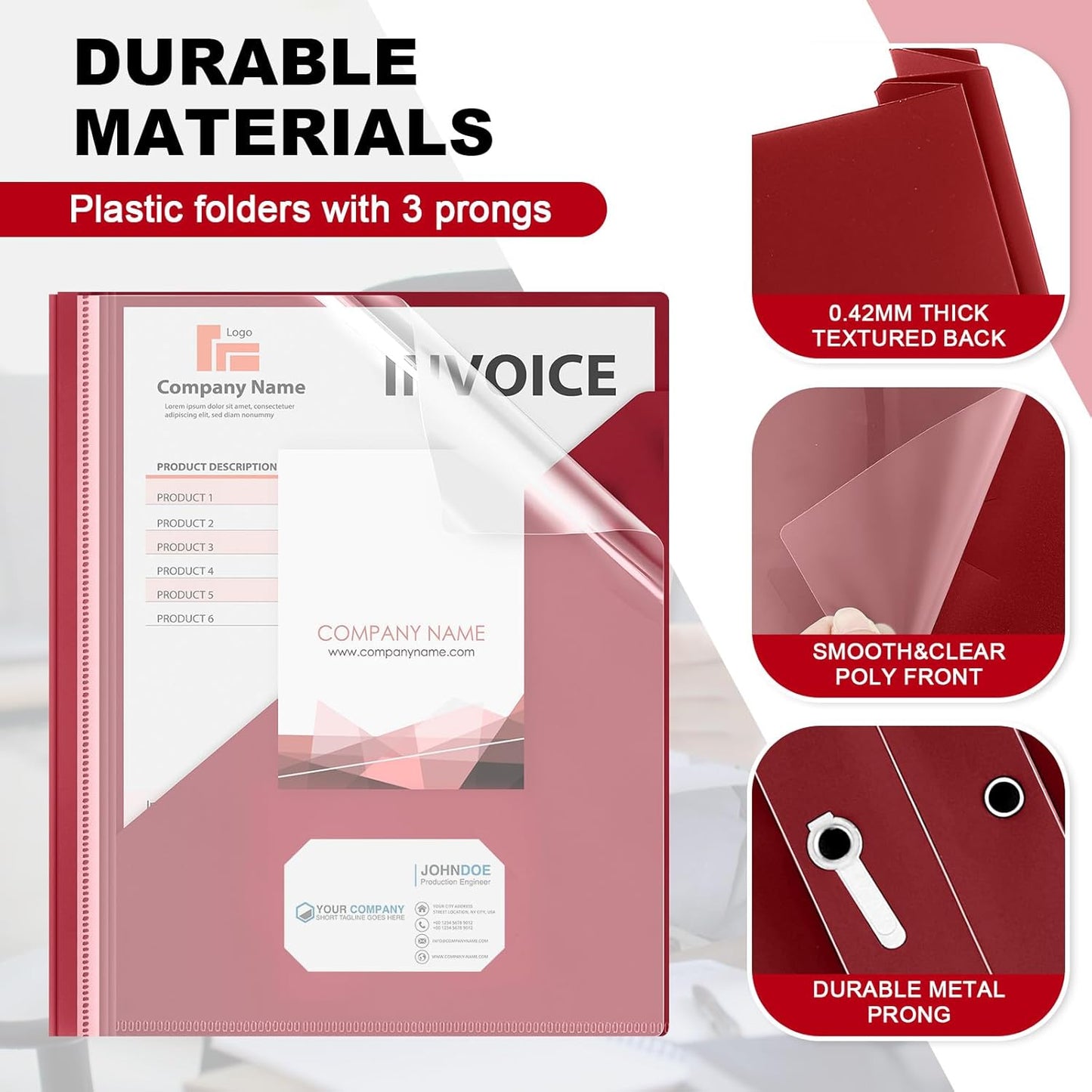 Teling 48 Pack Clear Front Report Covers with 3 Prongs Fasteners, 11.42 x 9.45 Inch Plastic Presentation Folders Bulk, 90 Sheet Capacity, Book File Covers for Office School Business, Red