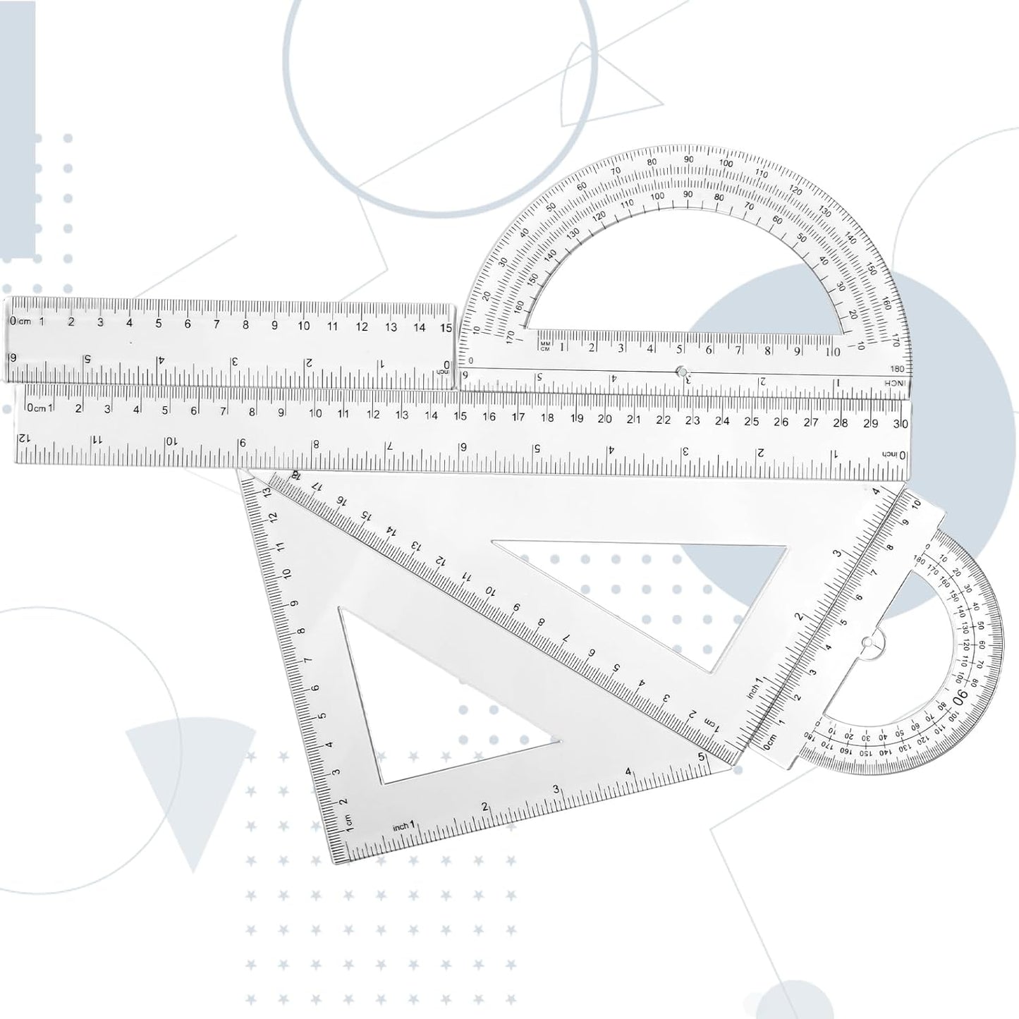 Tenare 6 Pcs Plastic Ruler Math Set Includes 12 Inch 6 Inch Straight Protractor Triangle Geometry Transparent Math Ruler Measuring Tools for School Office Home(Clear)