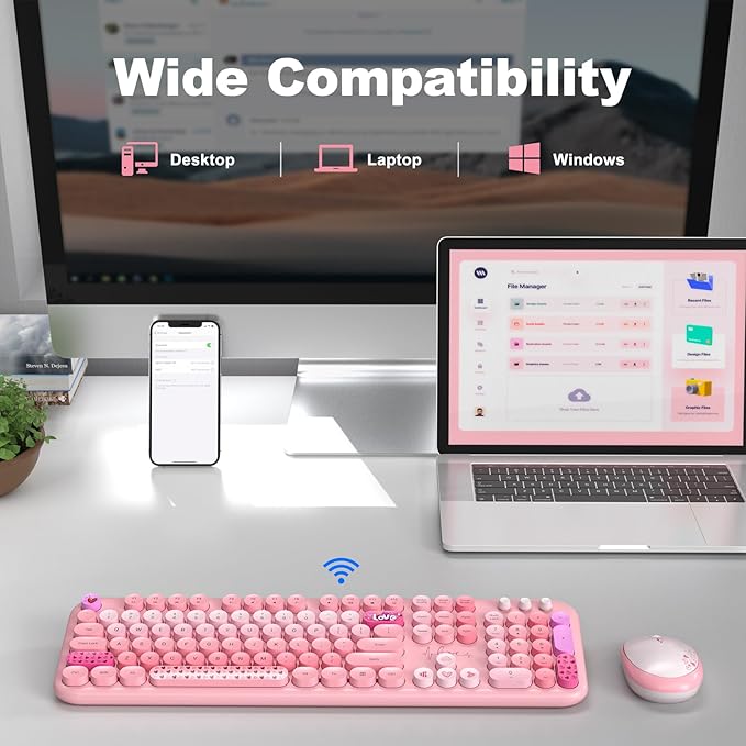 Wireless Keyboard and Mouse, Typewriter Full Size Keyboard with Number Pad and 2 in 1 USB Connected Mouse for Windows 7/8/10, Laptop, Desktop, PC, Computer (Pink Colorful)