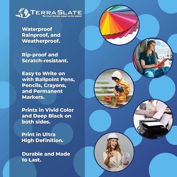 TerraSlate Premium Waterproof Paper, 5 MIL 8.5” x 11”, Laser Printer & Copy Machine Compatible, Durable & Rain/Weather-Proof Copy Paper, White Paper (250 Sheets)
