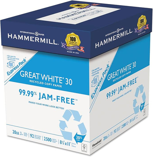 Hammermill Printer Paper, Great White 30% Recycled Paper, 8.5 x 11 - 1 Express Pack (2,500 Sheets) - 92 Bright, Made in the USA, 067780
