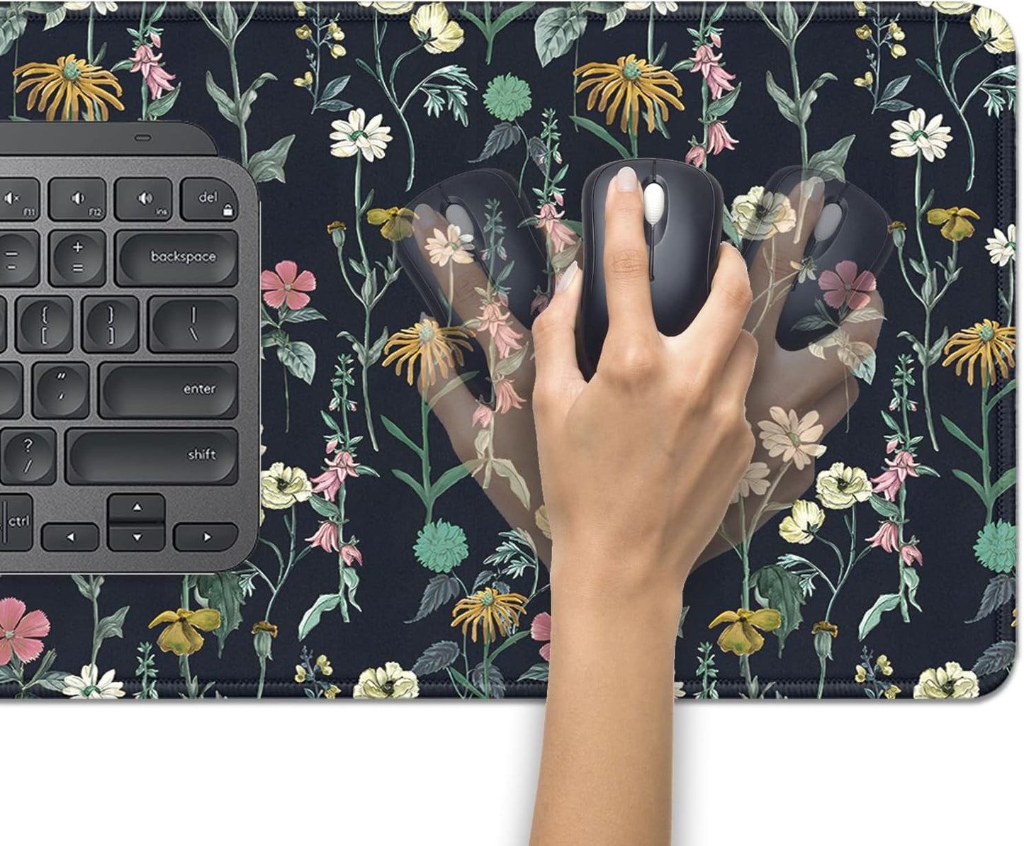 Dark Botanical Flowers Mouse Pad,Extended Black Plant Floral Mousepad Desk Pad with Stitched Edges,Non-Slip Waterproof Rubber Base Mouse Mat for Office Computer Keyboard Laptop Home(27.5x11.8 in)