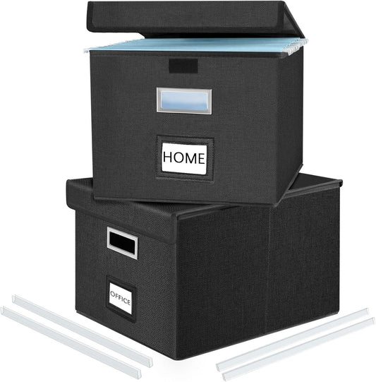 Huolewa File Organizer Boxes with Lids, Collapsible Linen Hanging Filing & Storage Boxes with Plastic Slide for Office/Decor/Home, Filling System for File/Folders/Document Storage -2 Pack