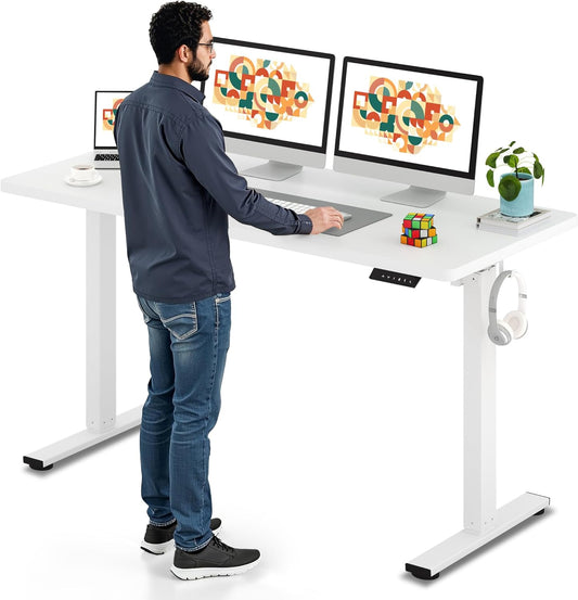 SANODESK Electric Standing Desk 60 x 24 Inches Whole-Piece Desktop Height Adjustable Stand Up Desk w/6-Button Controller Ergonomic Computer Desk for Home Office, White Frame + White Tabletop