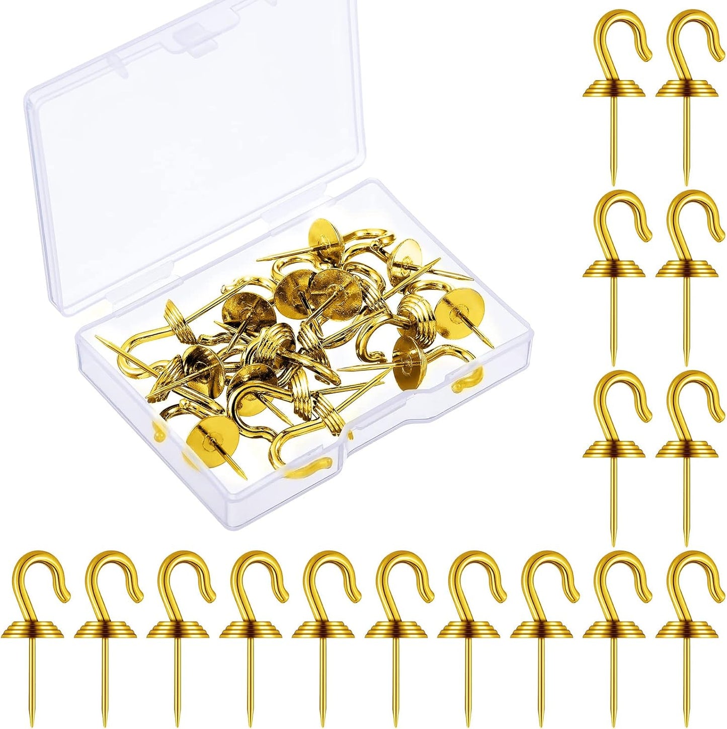 Hotop 30 Pieces Push Pin Wall Hooks Metal Thumb Tack Hangers Iron Alloy Nail Decorative Picture Hooks for 20 Lbs Home Office School Party Supply (Gold)