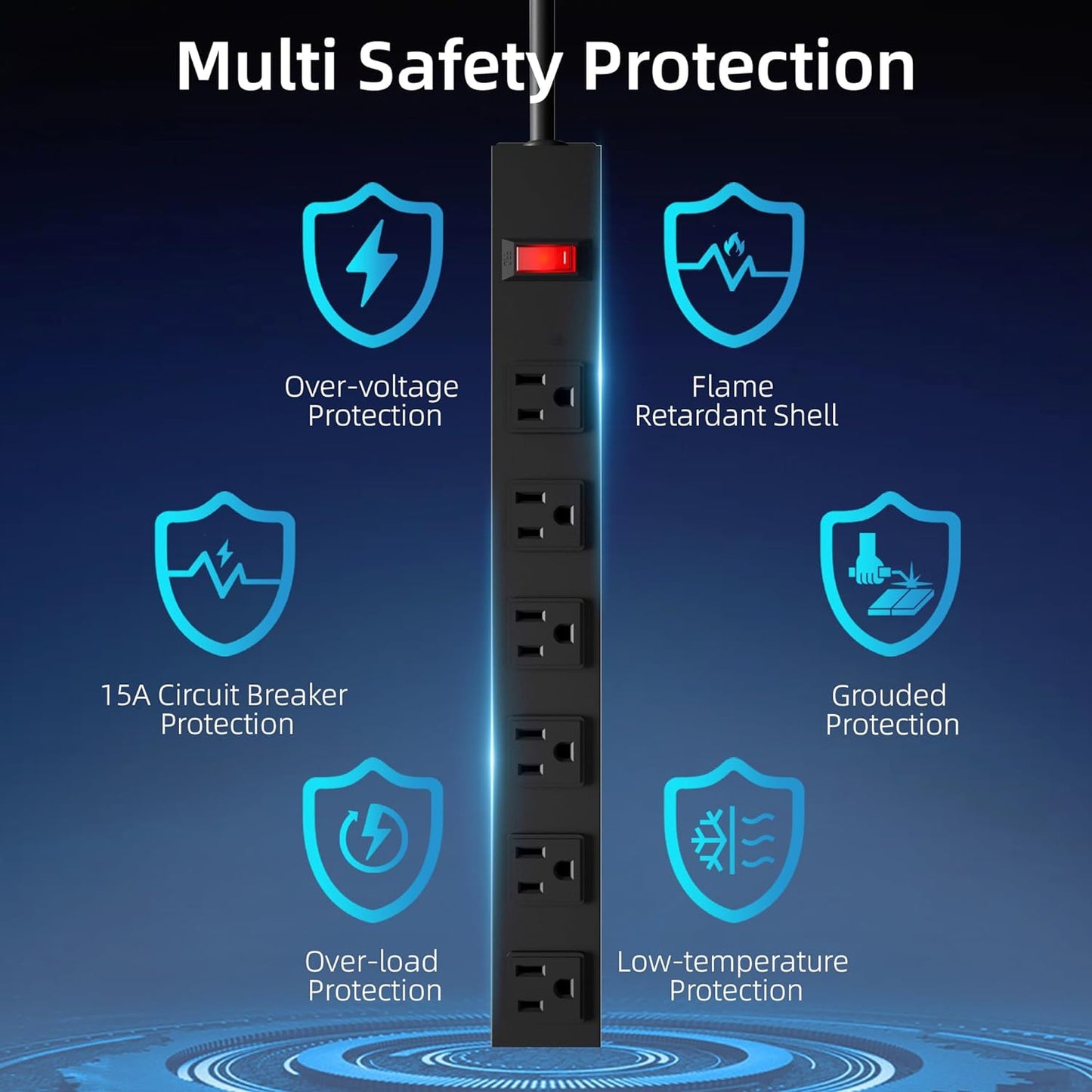 Power Strip with 6AC Outlets Wide Spaced and 14AWG Power Cord,Wall Mount Outlet Power Strip Heavy Duty for Commercial, Industrial, School and Home with Switch,15A 125V 1875W,Black (12FT)