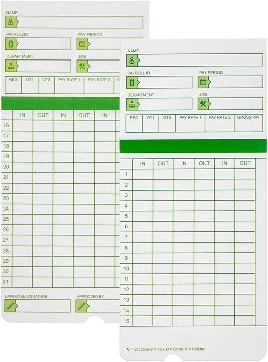 Time Cards for Employees Monthly,Numbered Days,All Pay Periods,300 Count,2-Sided,3 3/8" x 7 3/8",Green Print,Timecards for Time Clocks