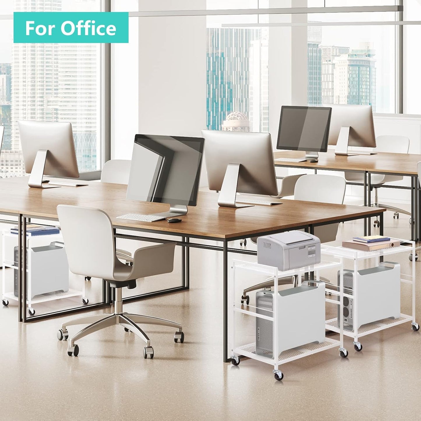 YBING Computer Tower Stand White PC Tower Stand 2 Tier CPU Holder with Wheels Metal Mobile Computer Tower Cart Rolling PC Cart Floor for Fax Home Office