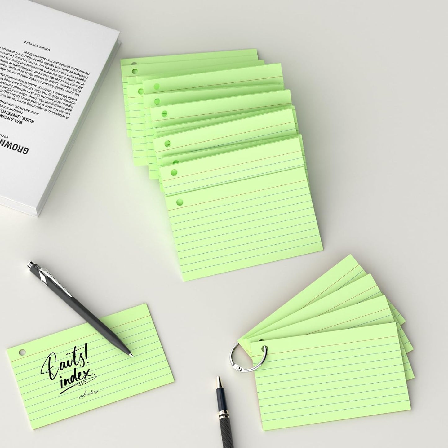 250 Count Green Index Cards 3x5 Inch with Key Ring, Color Flash Index Card (50 Sheets Each), Durable & Portable Note Taking for Students, Teachers, Study Note Cards for Office Home School