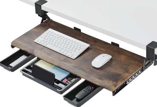 ETHU Keyboard Tray Under Desk, Pull Out Keyboard & Mouse Tray with C-clamp, Ergonomic Desk Keyboard Tray Slide Out, Pull Out Platform Drawer for Home and Office(Wood)